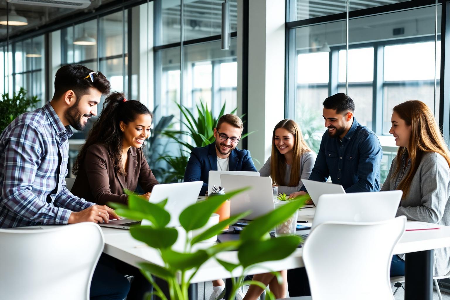 Diverse young professionals collaborating in a modern co-working space