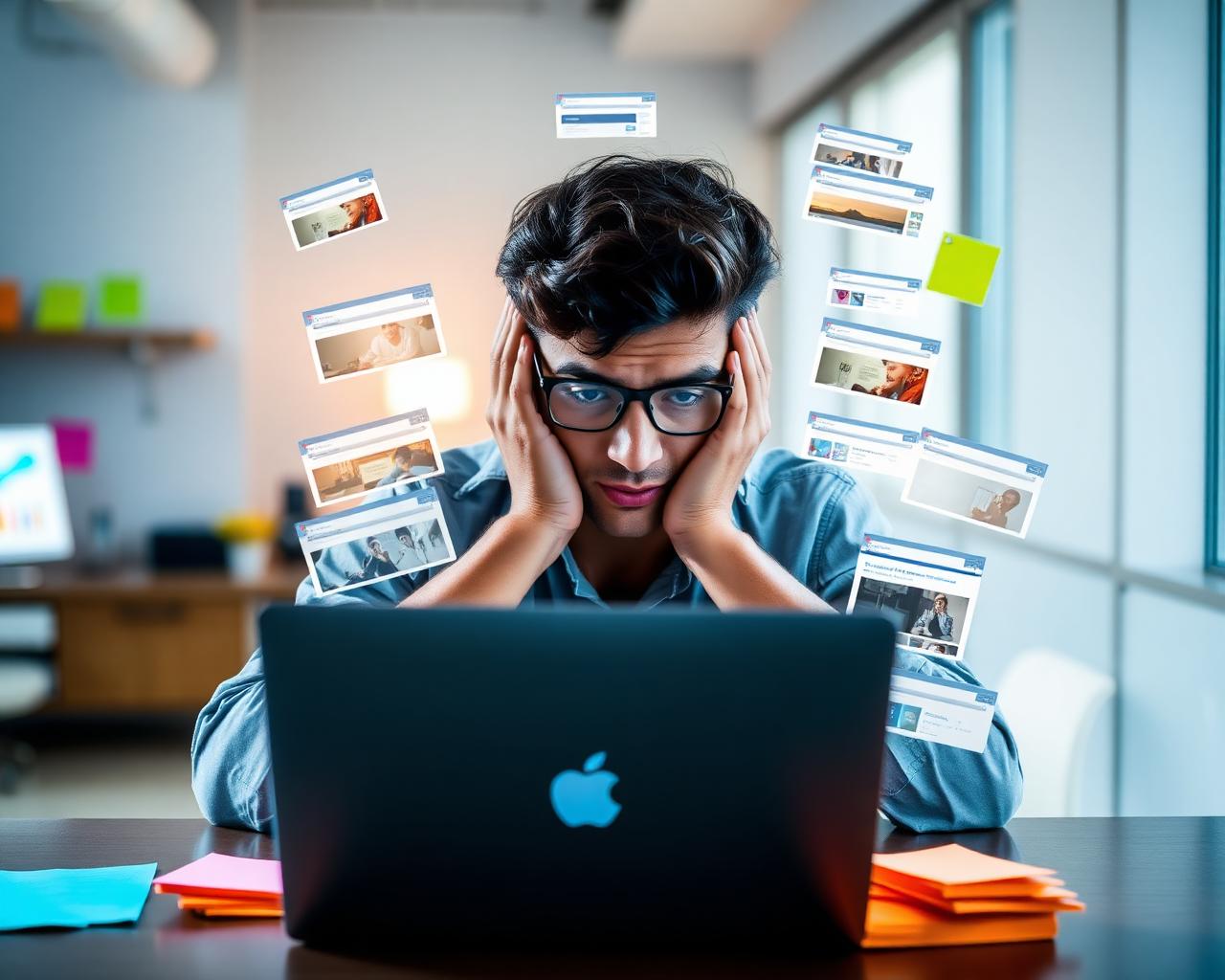 Overwhelmed young professional at a laptop surrounded by open tabs and sticky notes