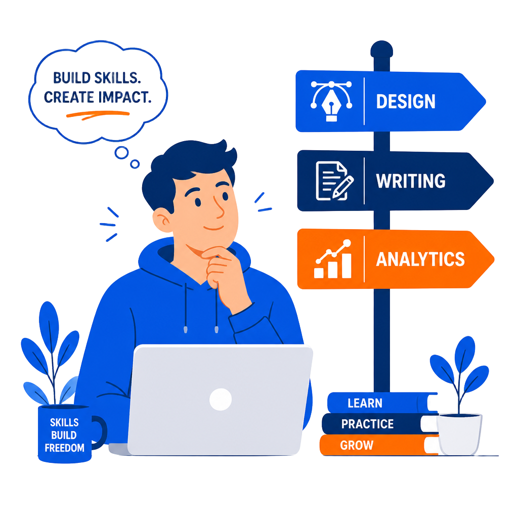 Person at a crossroads with signs for Virtual Assistant, Copywriting, Graphic Design, Customer Support, Project Management and AI