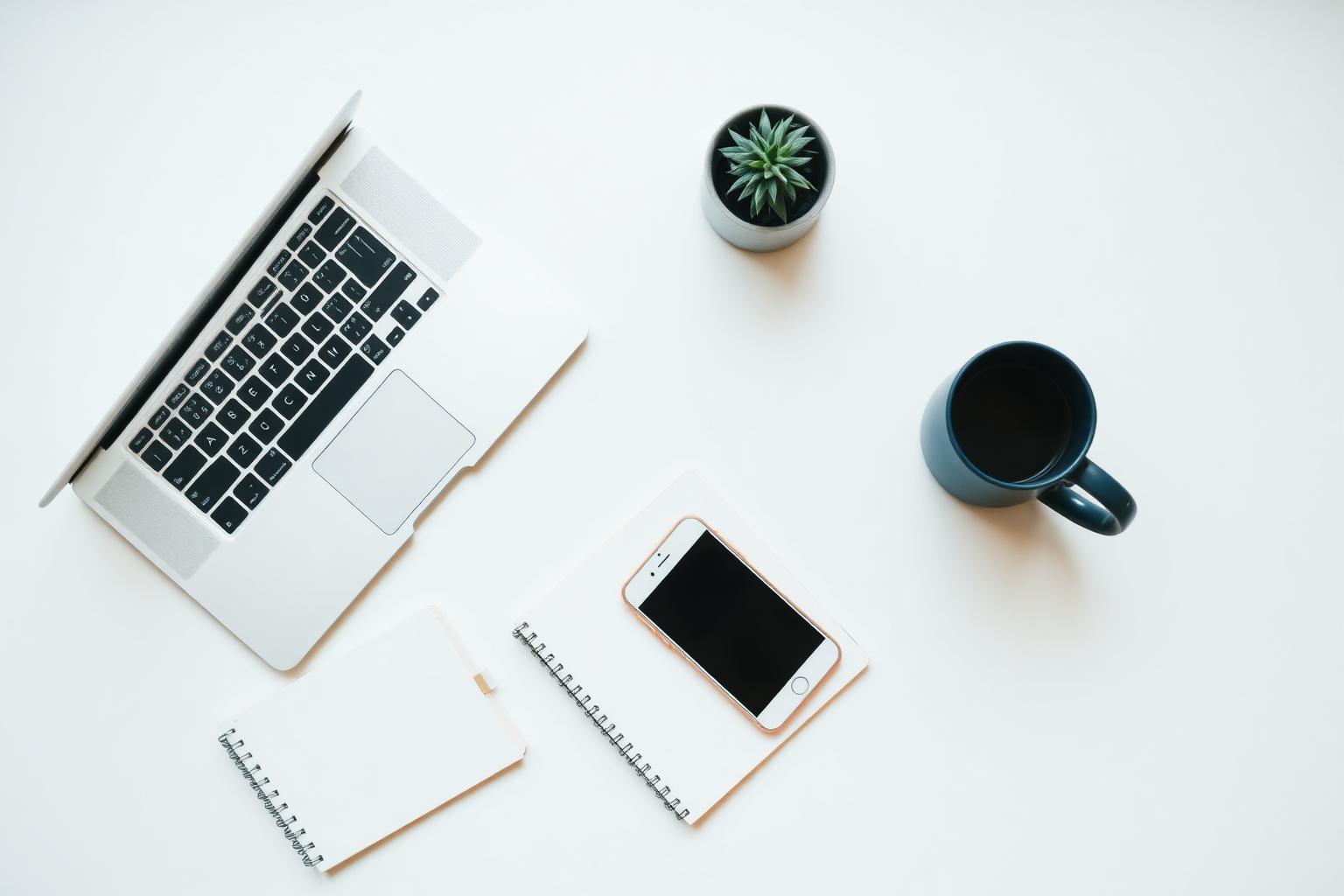 Modern remote workspace with laptop, coffee mug, notebook, smartphone and a plant